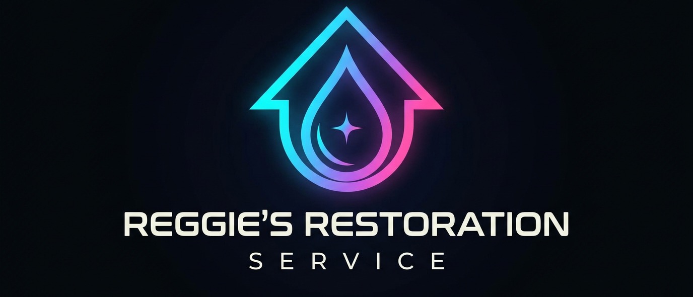 Reggie's Restoration Service logo: a glowing house outline with a water droplet